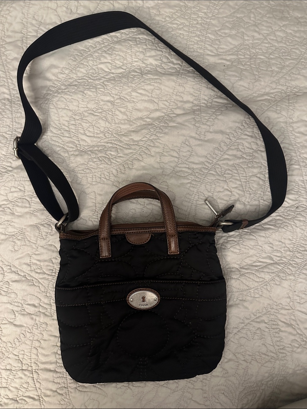 Fossil Black Quilted Crossbody with Brown Leather Trim